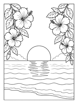 A peaceful ocean sunset framed by blooms in this hawaiian flowers coloring page.
