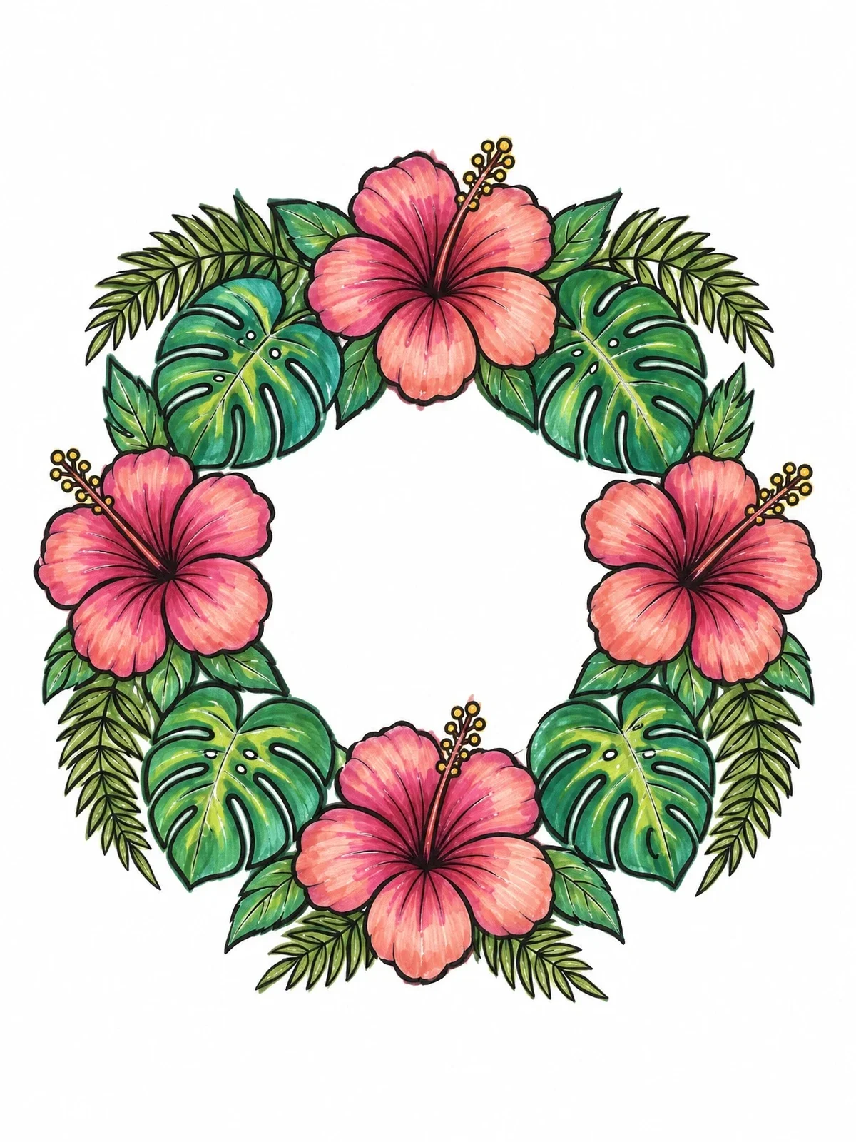 Colored example of the Hibiscus And Monstera Floral Wreath coloring page