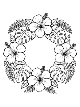 A circular arrangement on a hawaiian flowers coloring page with hibiscus blooms, monstera leaves, and ferns.