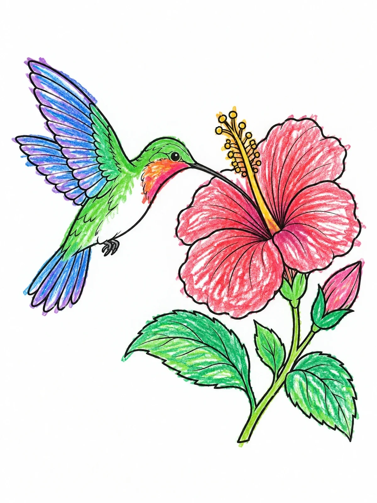 Colored example of the Hummingbird And Blooming Hibiscus coloring page