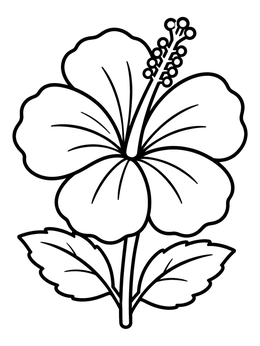 A simple hawaiian flowers coloring page featuring a blooming hibiscus with stem and leaves.