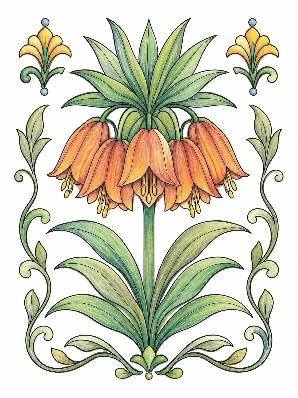 Colored example of the Symmetrical Crown Imperial Flower Motif coloring page