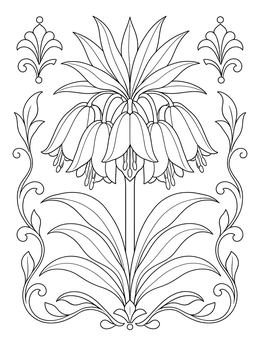 An ornate hawaiian flowers coloring page showing a stylized blooming crown imperial with ornamental borders.