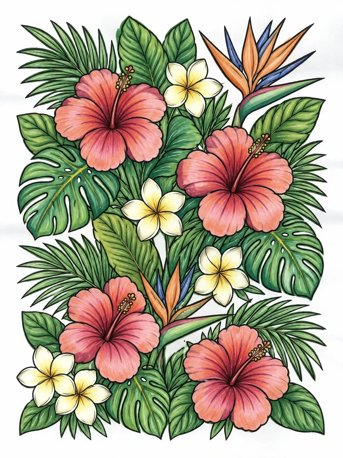 Colored example of the Tropical Hibiscus And Palm Foliage coloring page