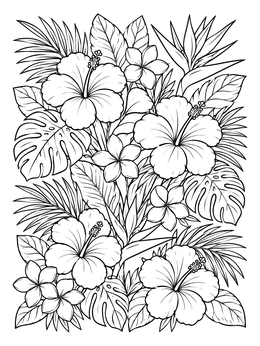 A detailed hawaiian flowers coloring page featuring blooming hibiscus blossoms and lush tropical leaves.