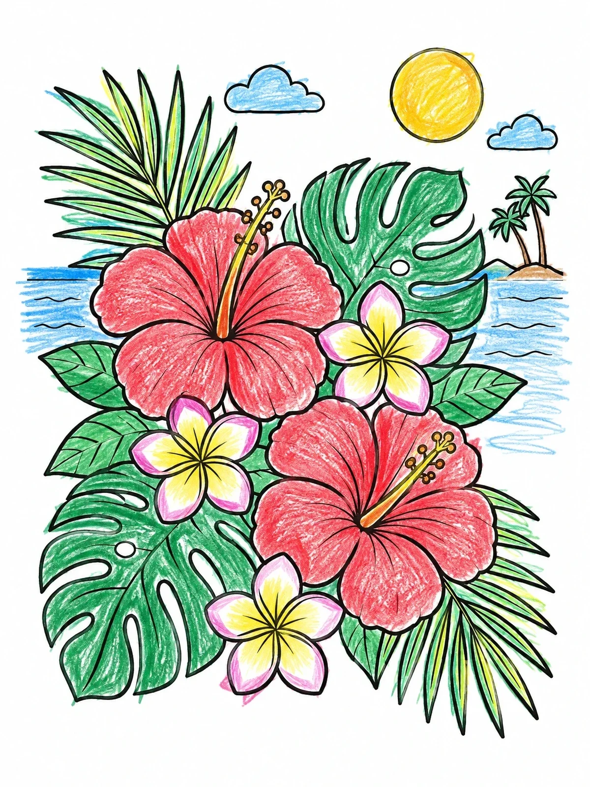 Colored example of the Tropical Hibiscus And Palm Beach coloring page