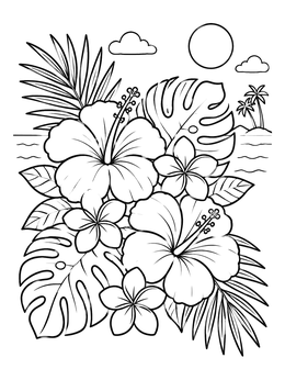 A sunny hawaiian flowers coloring page with hibiscus, plumeria, and palm leaves.
