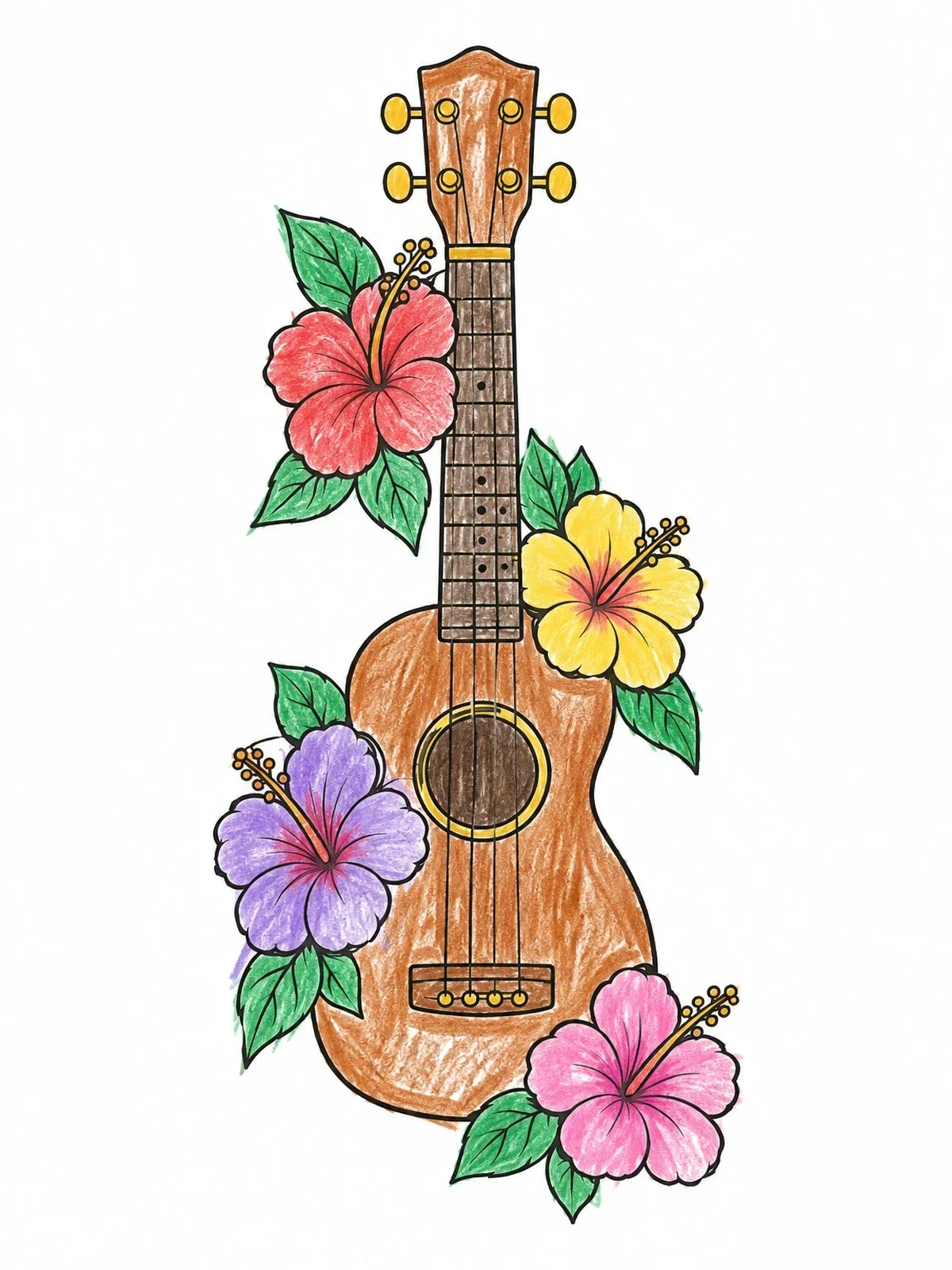 Colored example of the Ukulele With Tropical Hibiscus Flowers coloring page