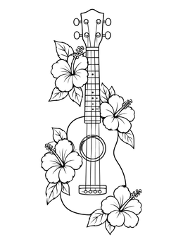 A line art hawaiian flowers coloring page featuring an acoustic ukulele encircled by blooming hibiscus.