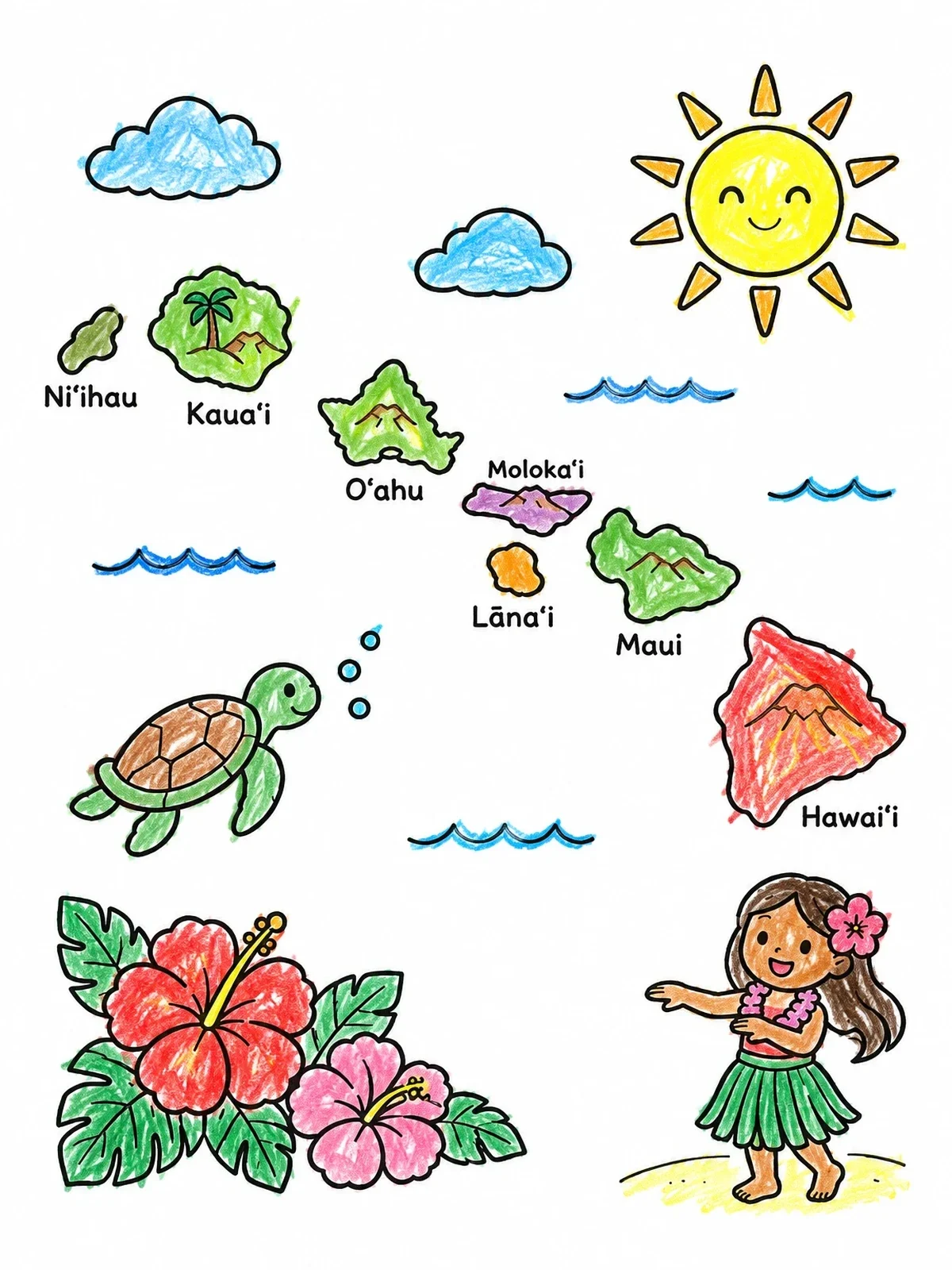 Colored example of the Hawaiian Islands Map With Hula Dancer coloring page