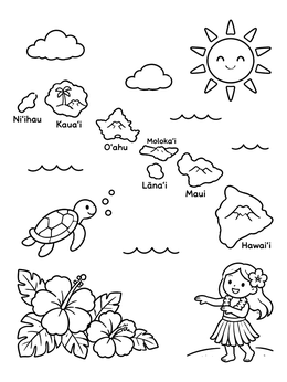 Free printable Hawaiian Islands Map With Hula Dancer coloring page