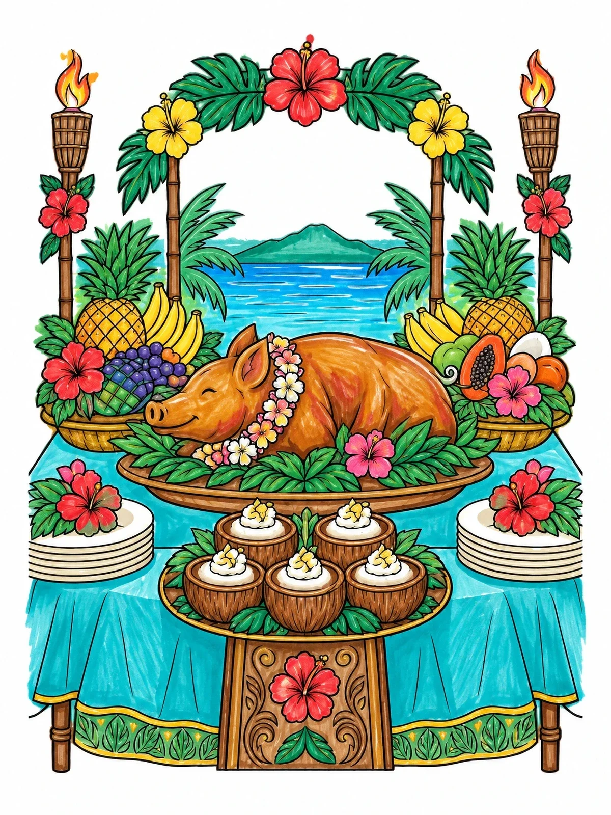Colored example of the Hawaiian Luau Feast By The Sea coloring page