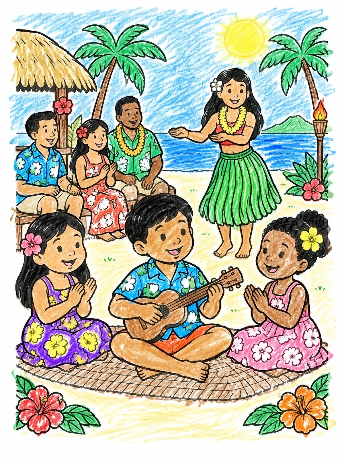 Colored example of the Hawaiian Luau With Ukulele Music coloring page