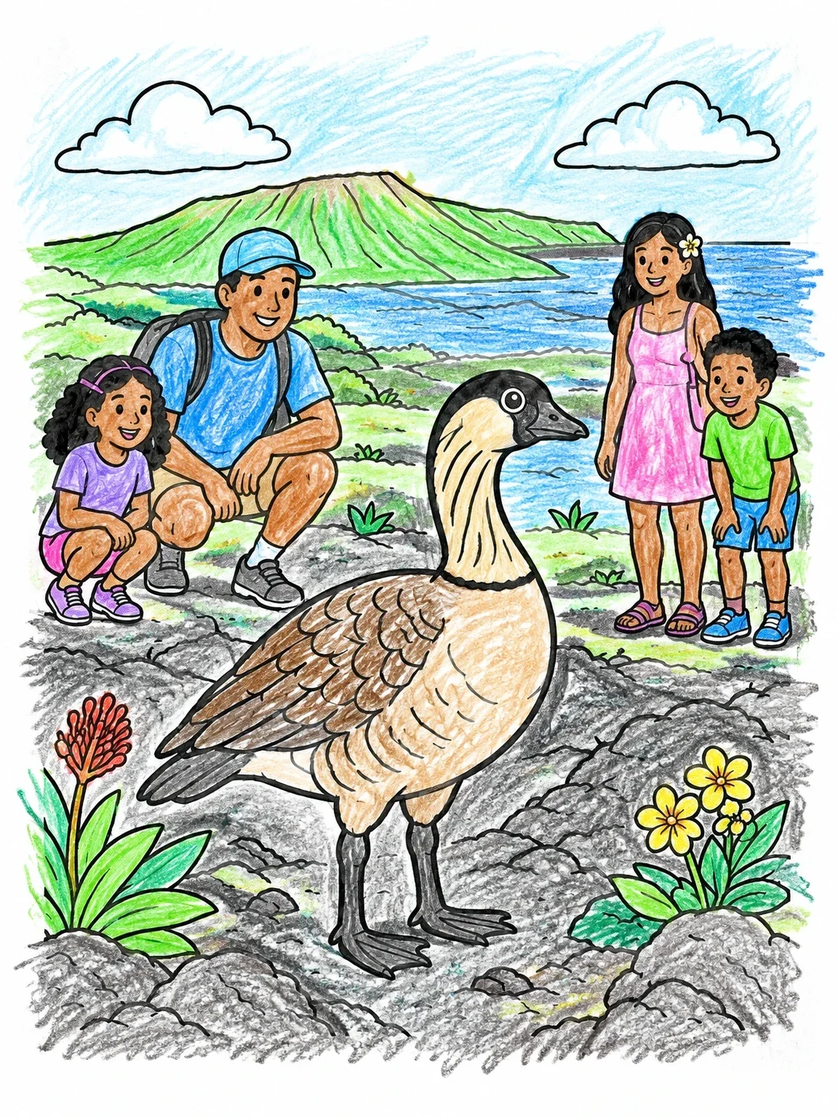 Colored example of the Family Watching A Hawaiian Nene Goose coloring page