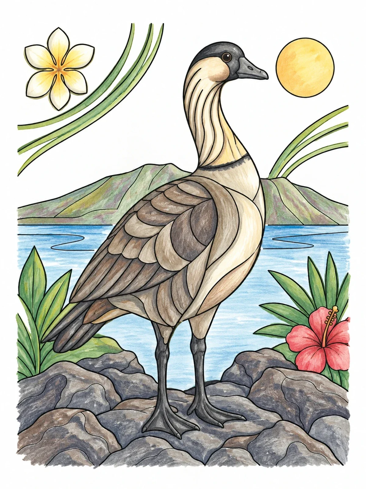 Colored example of the Hawaiian Nene Goose On Volcanic Rocks coloring page