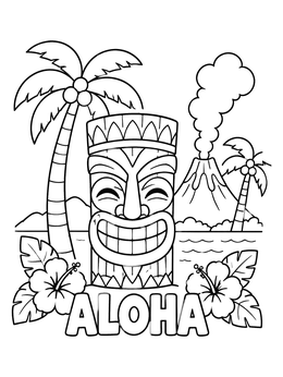 Free printable Hawaiian Tiki With Volcano And Palms coloring page
