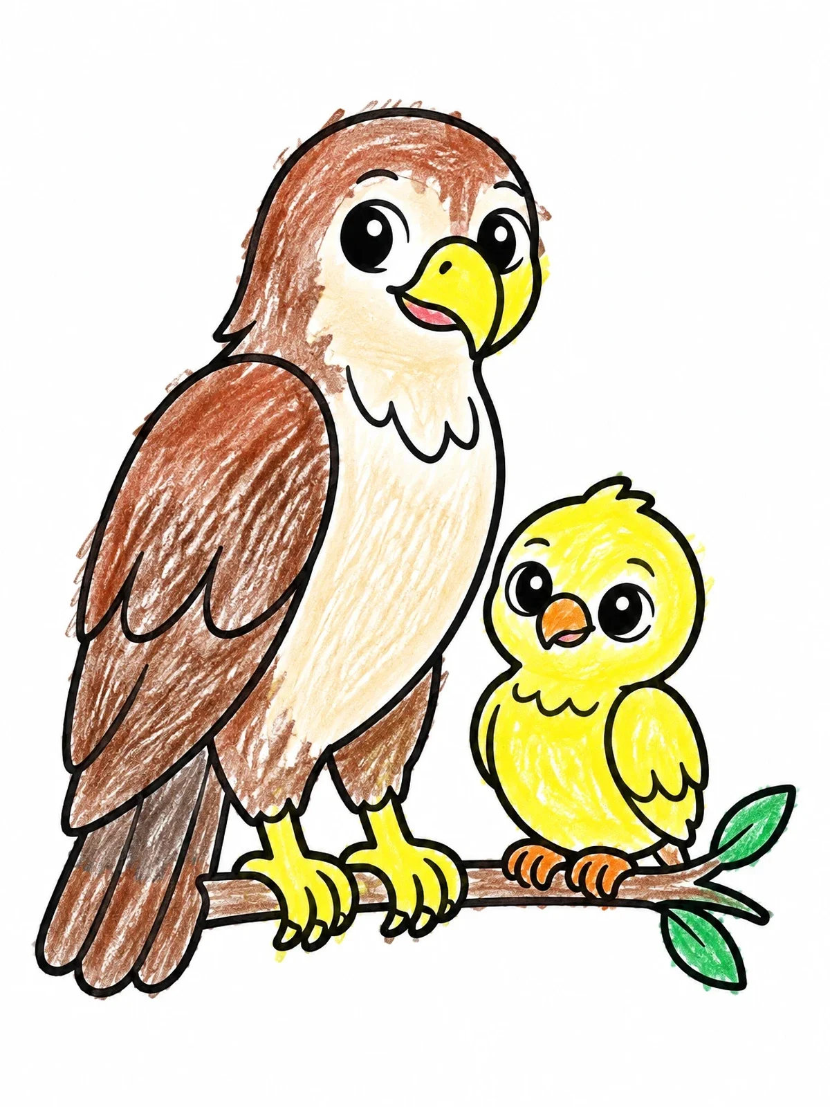 Colored example of the Hawk And Baby Chick On Branch coloring page
