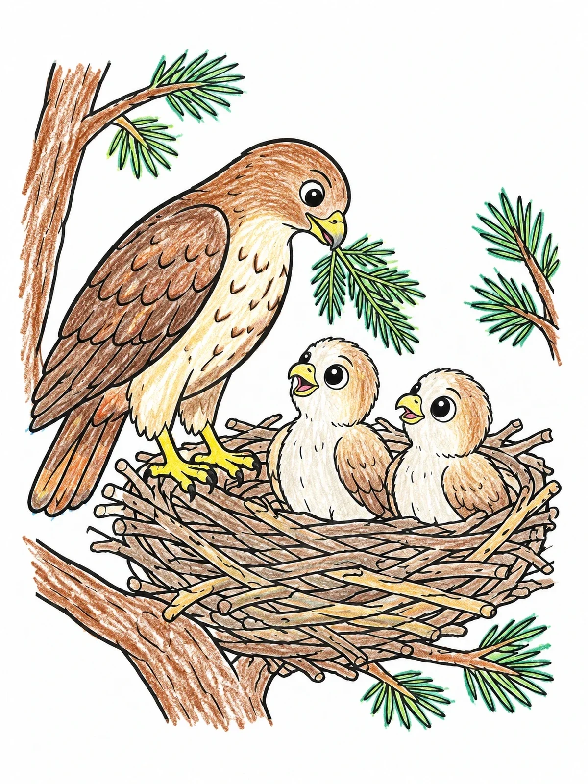 Colored example of the Hawk Family In Pine Tree Nest coloring page