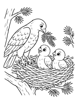 Free printable Hawk Family In Pine Tree Nest coloring page