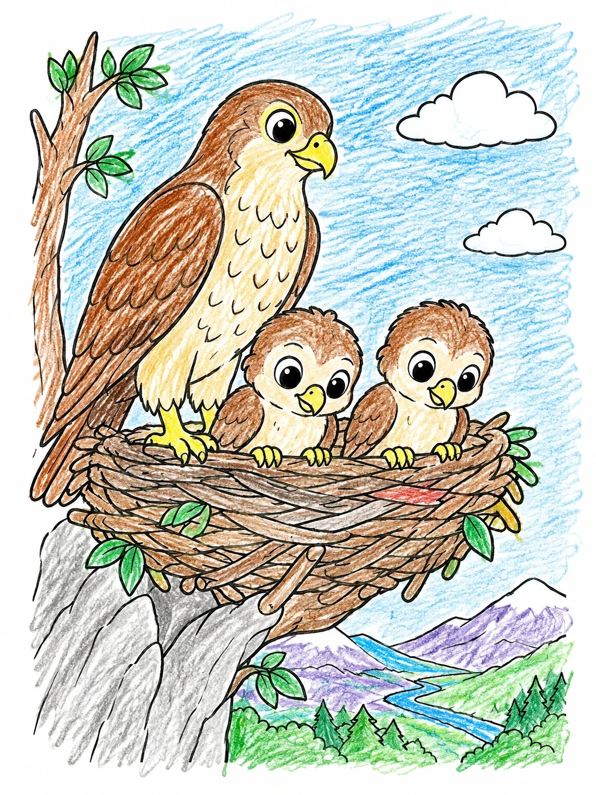 Colored example of the Hawk Family In The Nest coloring page