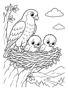 A parent hawk watches two cute chicks in this hawk coloring page.