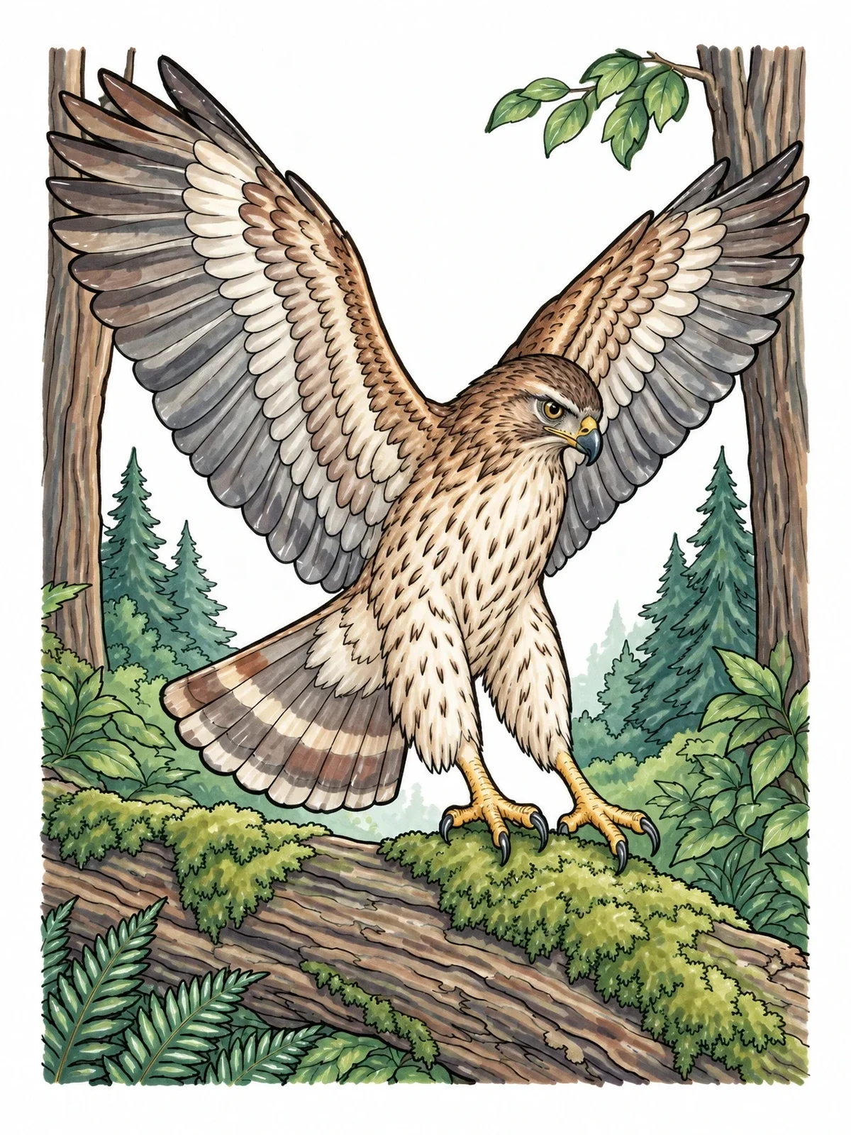 Colored example of the Hawk Landing On Forest Log coloring page