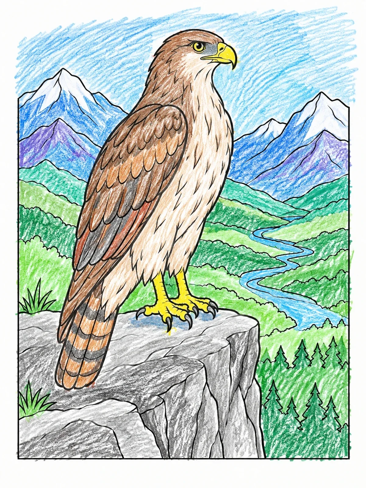 Colored example of the Hawk Perched On A Mountain Cliff coloring page