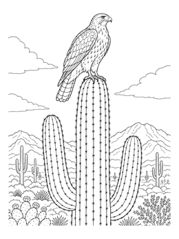A hawk rests atop a desert plant in this saguaro cactus coloring page.
