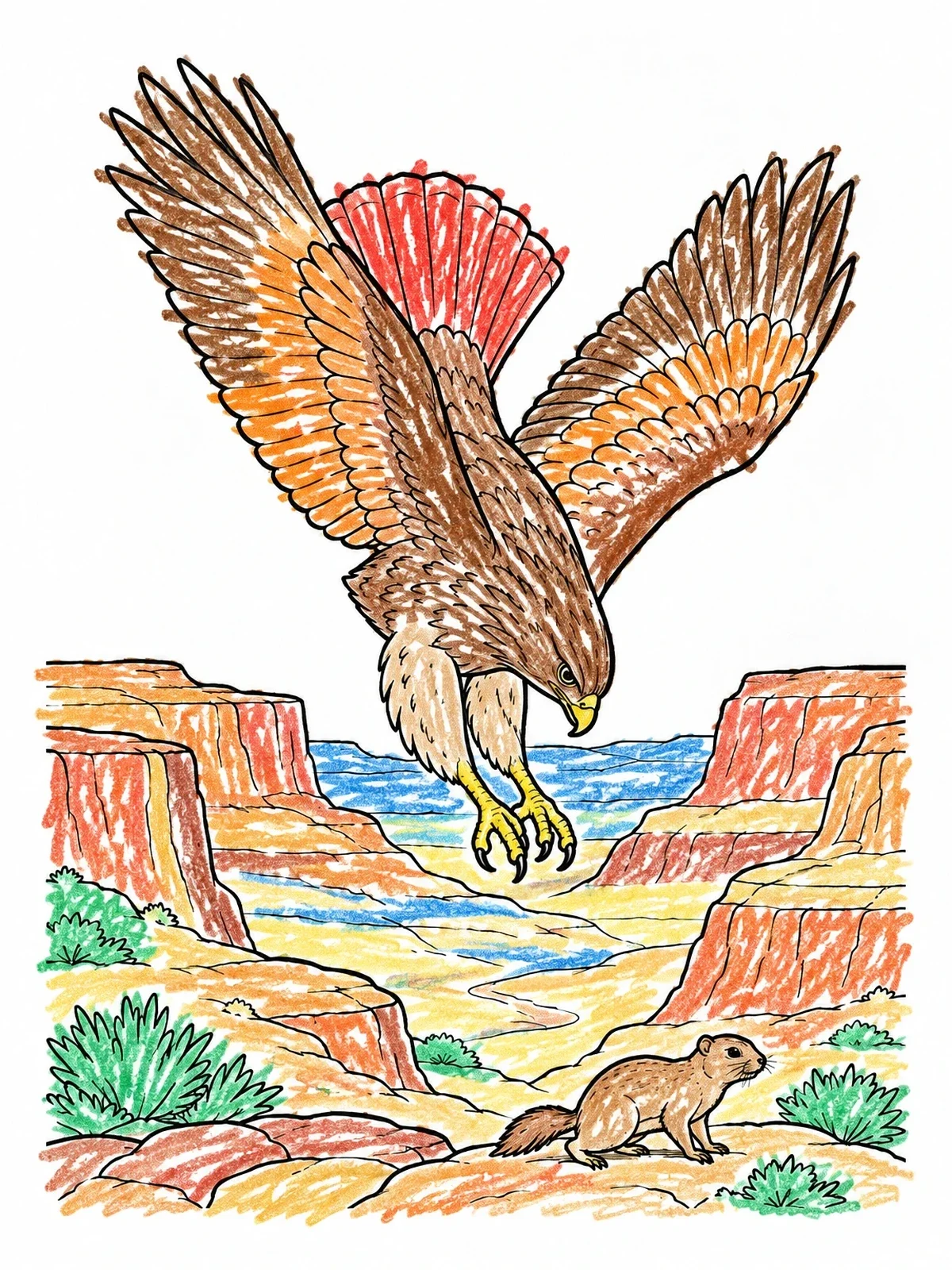 Colored example of the Hawk Swooping Over Canyon coloring page