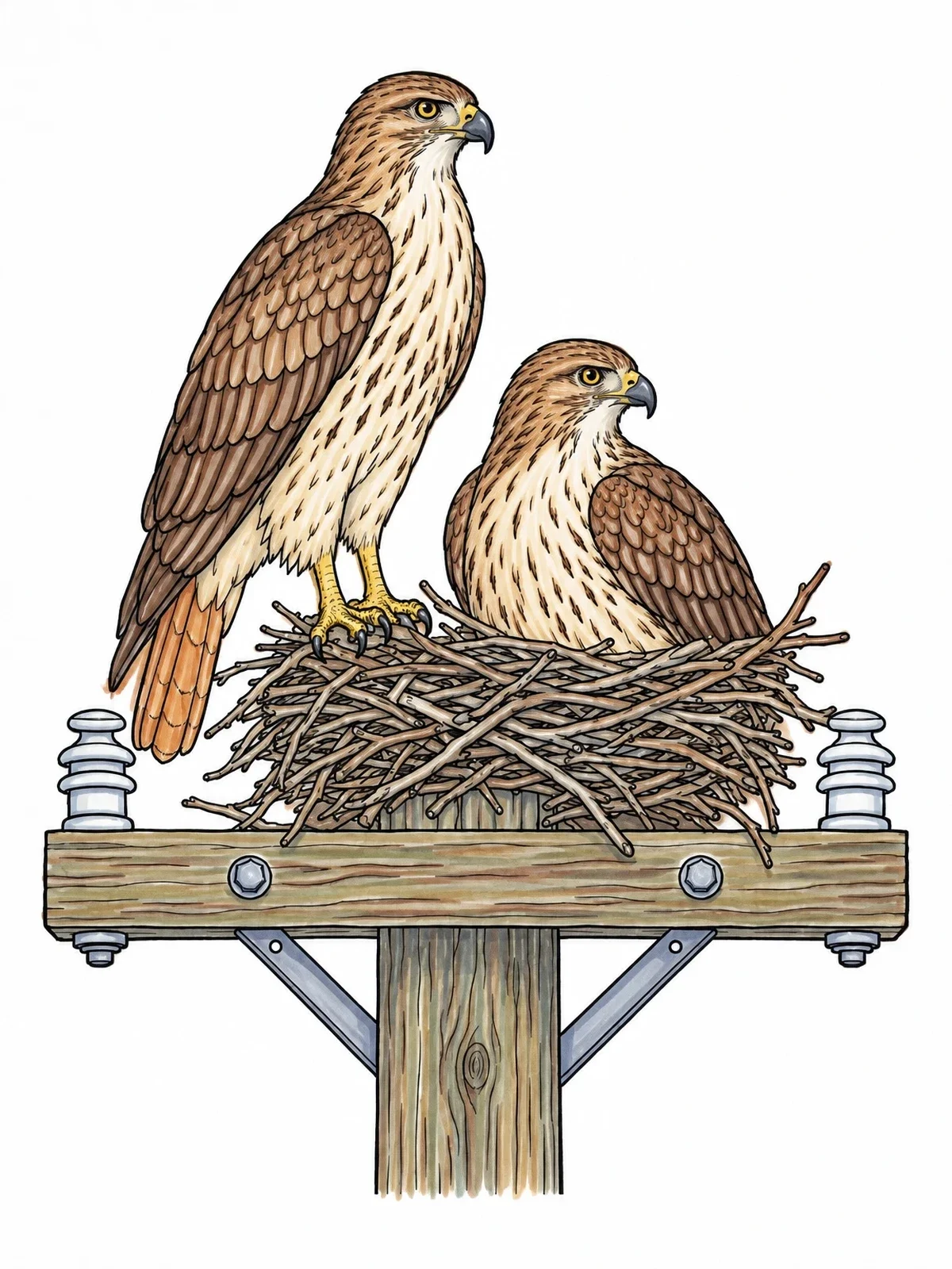 Colored example of the Hawks Nesting On Utility Pole coloring page