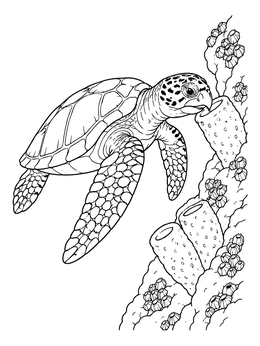 A hawksbill sea turtle coloring page showing it foraging along a coral reef wall.