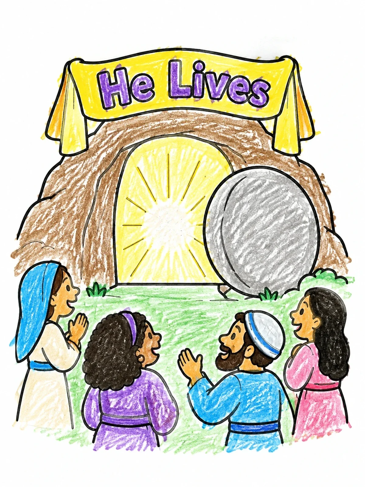 Colored example of the Empty Tomb He Lives Celebration coloring page