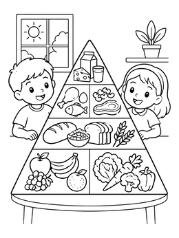A cheerful boy and girl sitting by a healthy food pyramid in this cute food coloring page.