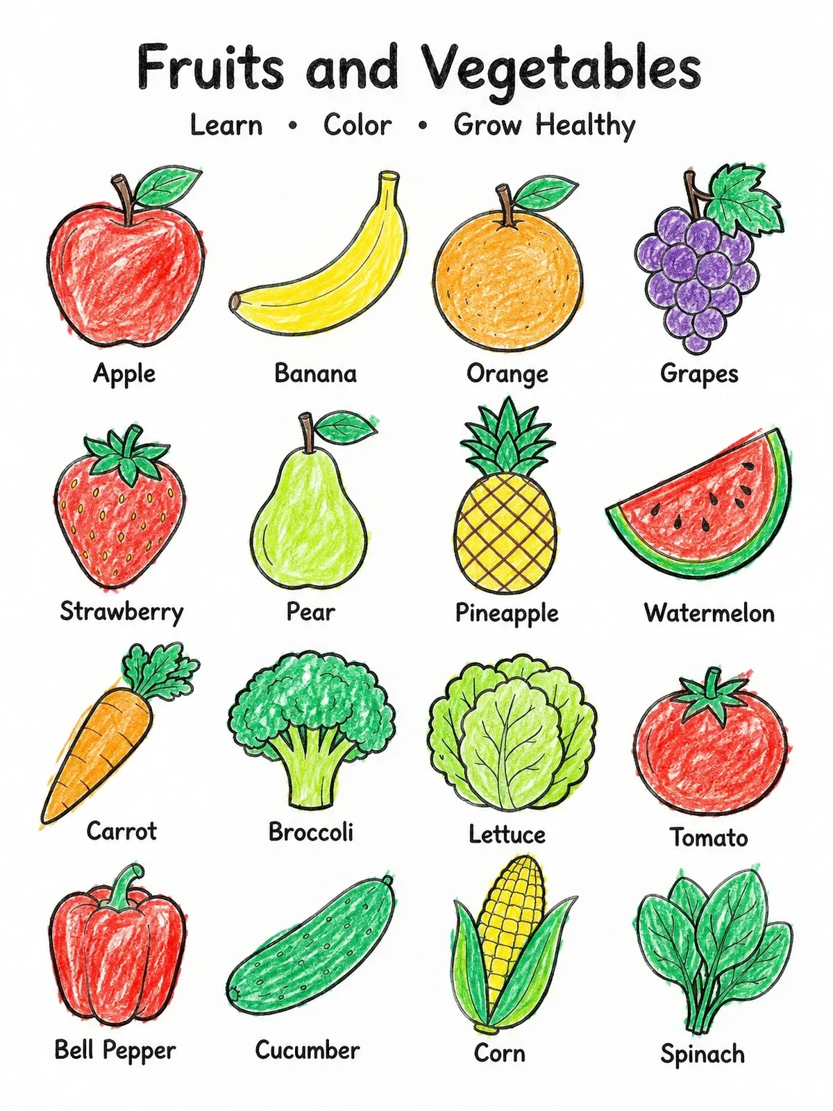 Colored example of the Healthy Fruits And Vegetables Chart coloring page