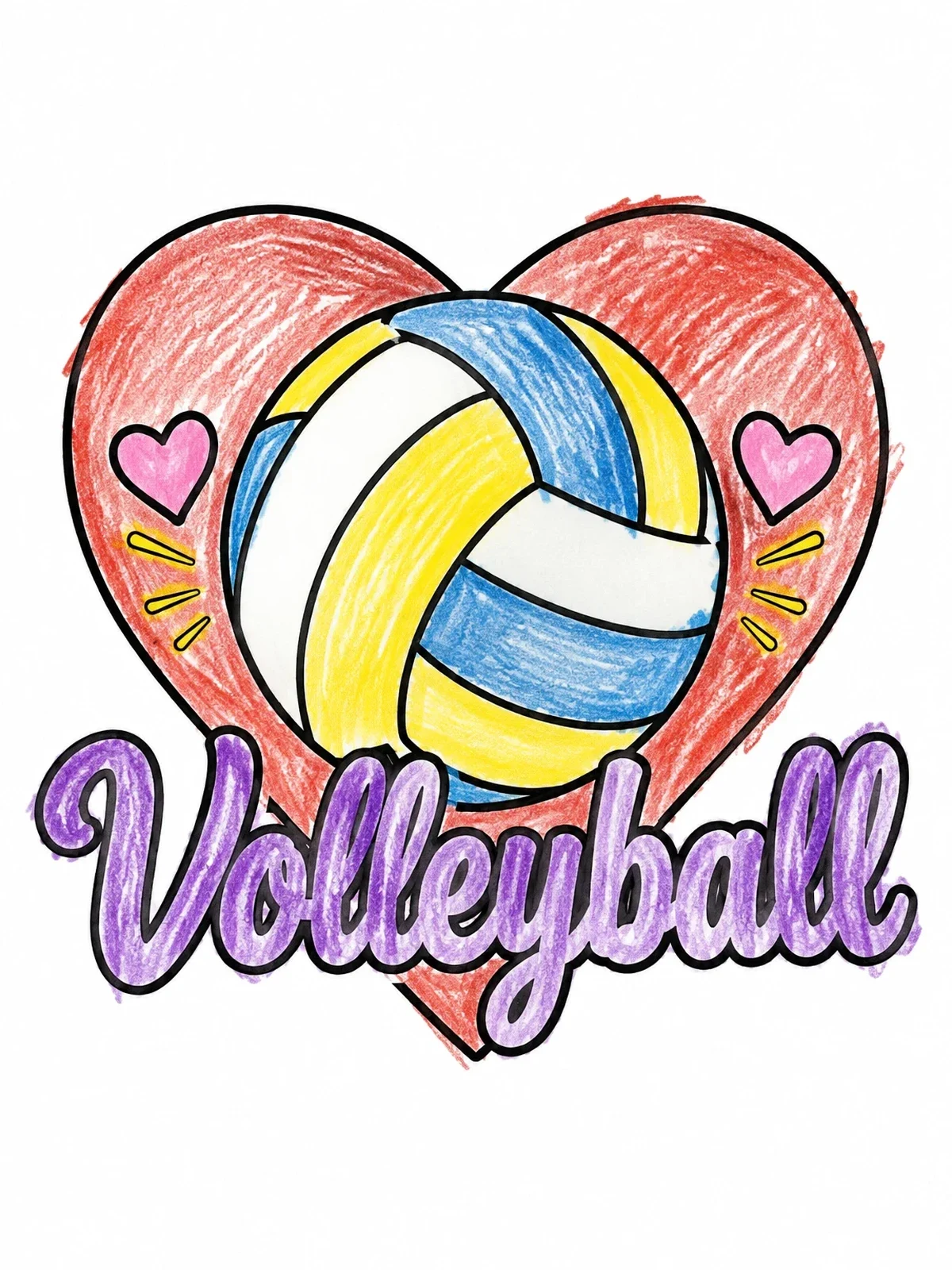 Colored example of the Heart And Volleyball With Lettering coloring page