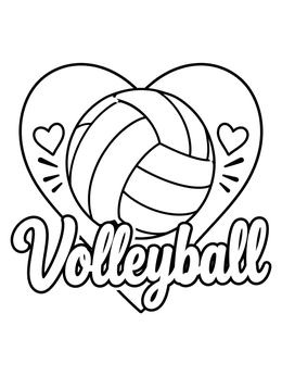A heart framing a ball on this volleyball coloring page with bold script text.