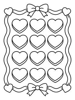 A sweet ribbon frame and hearts decorate this candy coloring page.