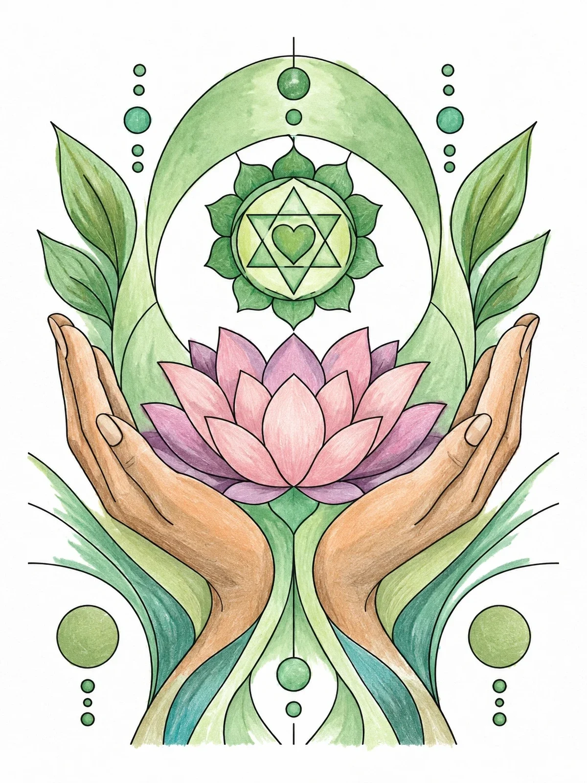 Colored example of the Heart Chakra Lotus In Hands coloring page