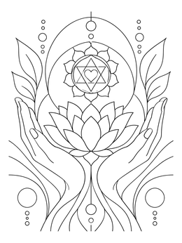 A peaceful chakra coloring page featuring hands holding an open lotus flower and heart chakra symbol.