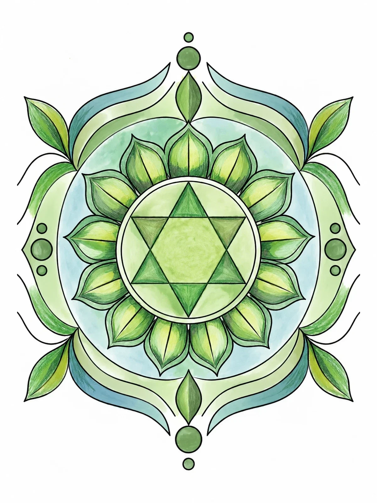 Colored example of the Heart Chakra Mandala Symbol coloring page
