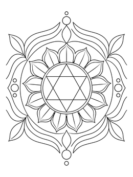 Detailed heart chakra coloring page featuring a twelve petal lotus mandala.