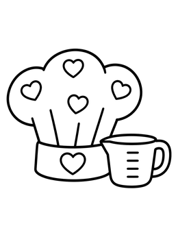 A simple chef coloring page with heart patterns on a toque next to a measuring cup.