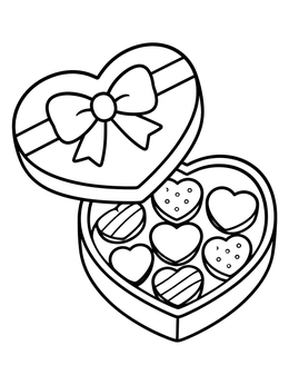 An open heart coloring page showing sweet chocolates in a ribbon box.