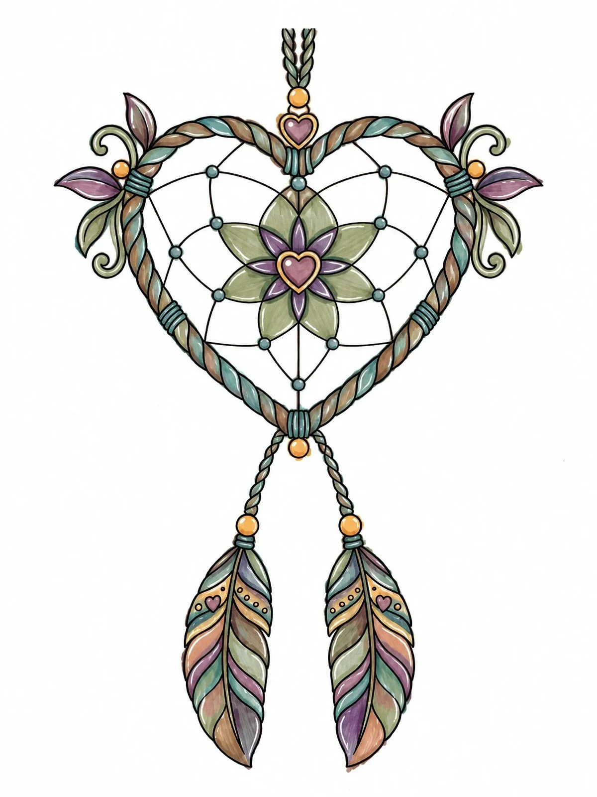Colored example of the Heart Dreamcatcher With Tribal Feathers coloring page
