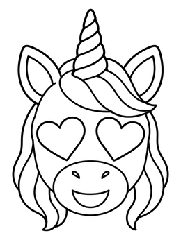 A cheerful unicorn emoji coloring page with big heart eyes and a spiral horn.
