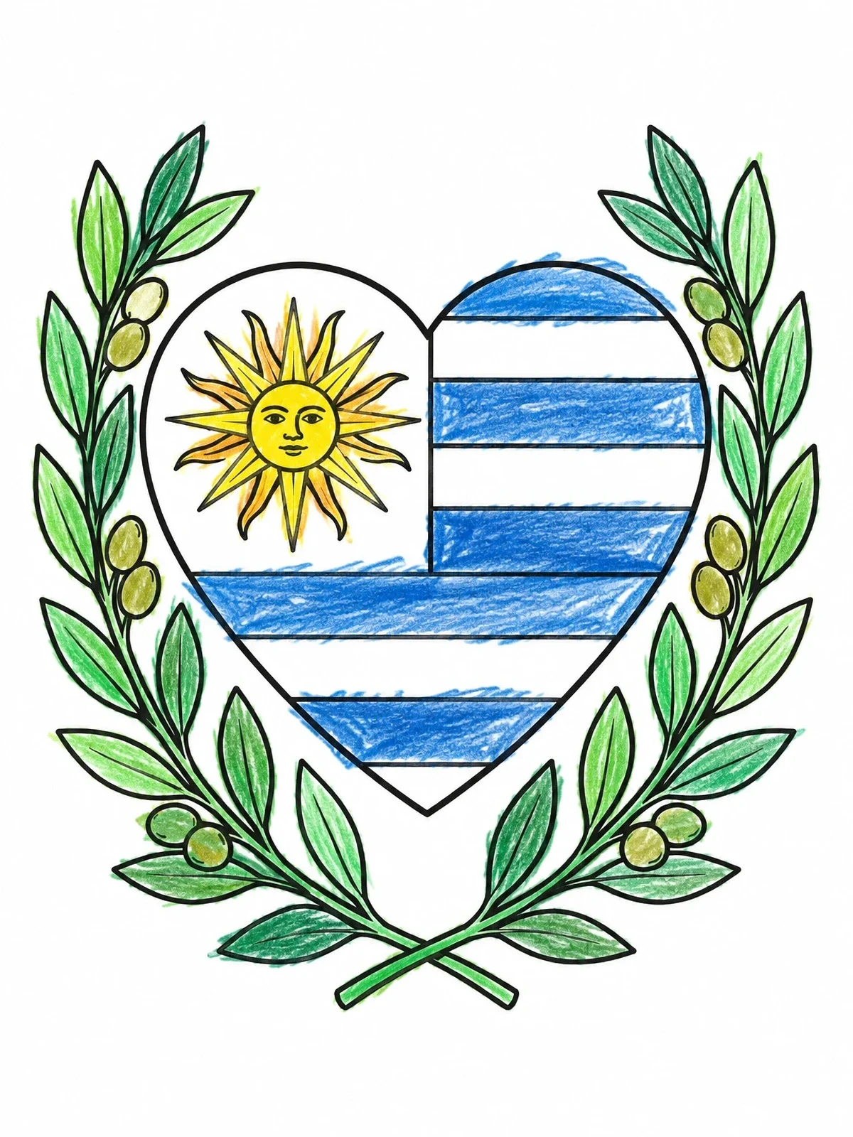 Colored example of the Heart Flag Of Uruguay With Wreath coloring page