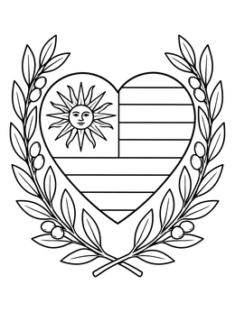 Heart-shaped flag in this Uruguay coloring page framed by an elegant olive branch wreath.