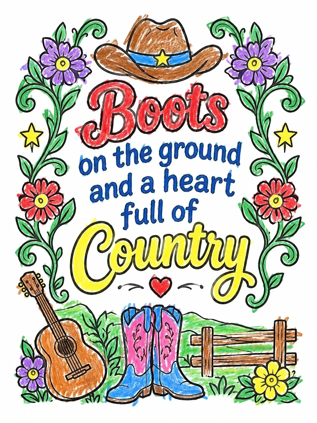 Colored example of the Heart Full Of Country Quote coloring page