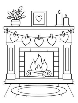 A heart coloring page showing a cozy fireplace decorated with a sweet garland of paper hearts.