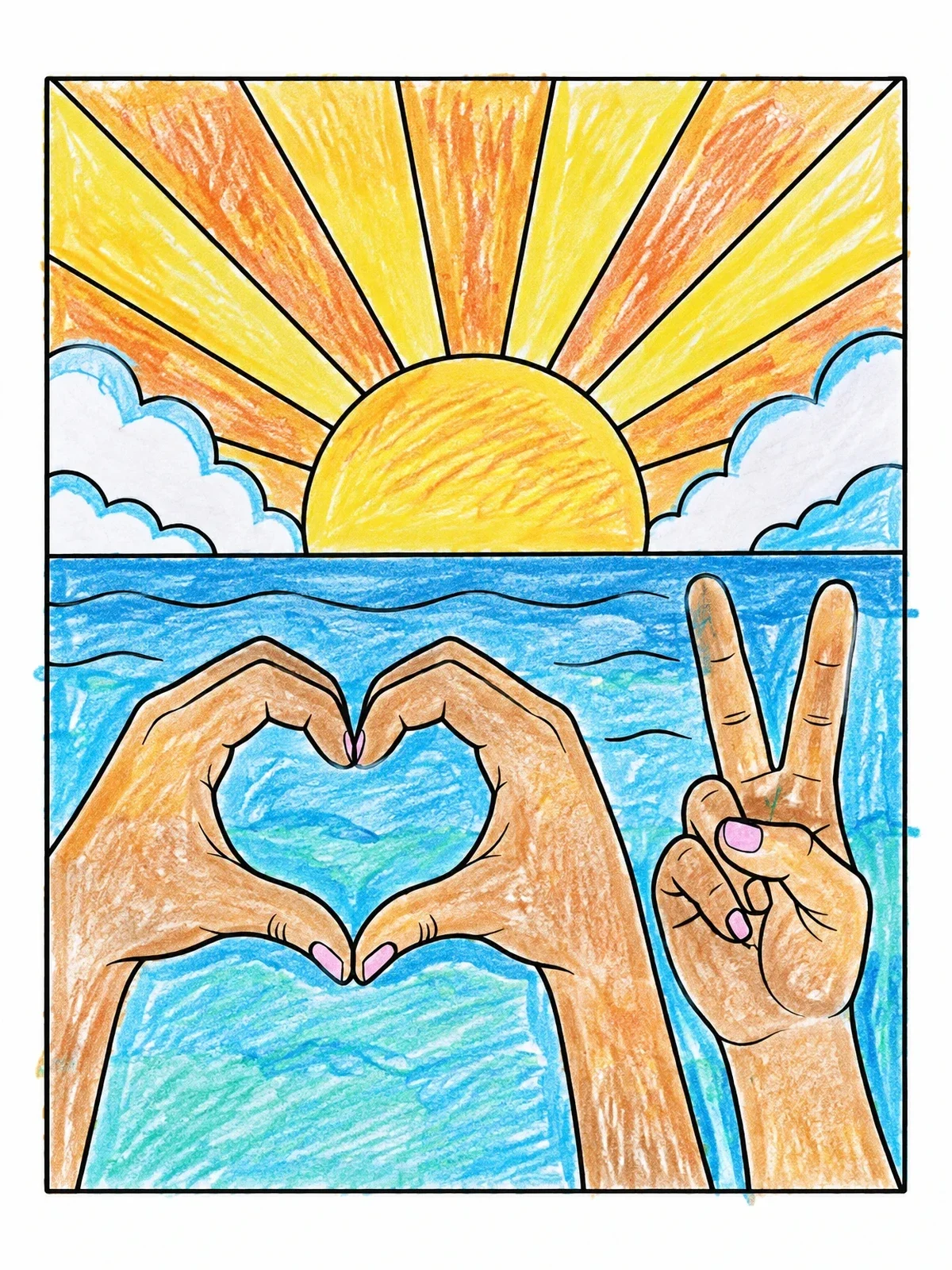 Colored example of the Heart Hands And Peace Sign Sunrise coloring page
